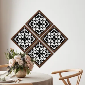 Wooden wall decor 4-piece set geometric hollow scrollwork wood grain hanging mural art