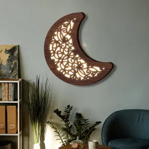 Lampada da parete a LED con luna in legno bohémien luce notturna decorativa boho per camera letto