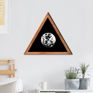 Nordic wooden triangular wall art detail, black background with moon graphic, home decor.