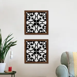 Wooden hollow wall art hanging scene detail, decorative wood grain print square panel decor.