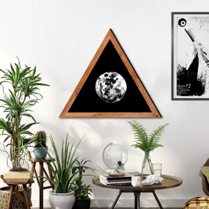 Nordic wooden triangle wall art with black and white moon pattern for modern living room decor