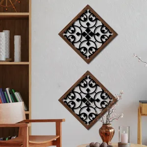 Wooden hollow wall art decor set, geometric UV printed wood grain panels for living room.