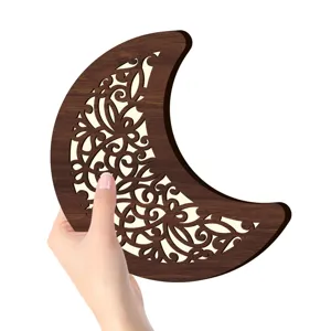 Luce notturna a LED da parete in legno luna bohémien, decorazione stanza stile nordico.