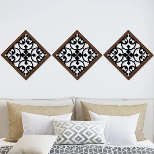 Wooden hollow wall art set diamond shaped decorative hanging panels for bedroom living room decor