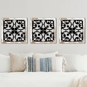 Detailed view of 3-piece hollow wood wall art panels with vintage white frames for home decor.