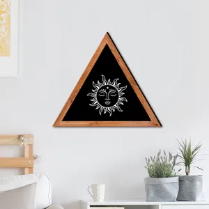 Nordic wooden triangle wall art hanging with celestial sun face design for home bedroom decor