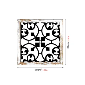 Square wood wall decor with vintage distressed frame and black white hollow scroll pattern.