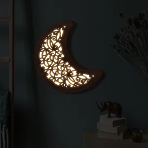 Lampada da notte a LED in legno con luna boho decorativa per illuminazione camera da letto.