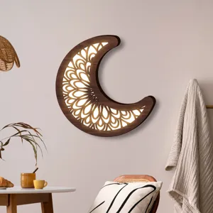 Lampada da parete LED luna in legno boho, decorazione luminosa scandinava per interni