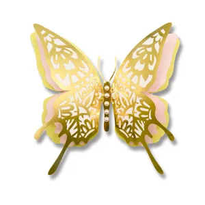 3D hollow butterfly wall sticker gold pink wedding party decor with pearls for home.