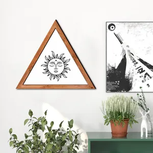 Nordic wooden triangle wall art featuring minimalist sun face sketch for stylish home decor.