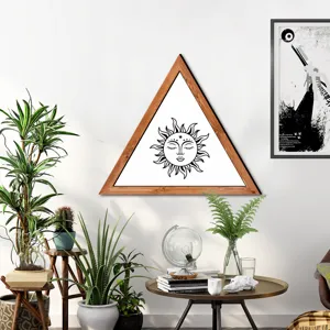 Nordic wooden framed triangular wall art, minimalist abstract sun face decor for living room bedroom.