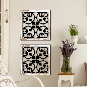 Wooden hollow wall art set with rustic white frames for living room and bedroom decor.