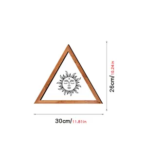 Wooden triangular wall art detail, Nordic style sun face geometric decorative hanging panel.