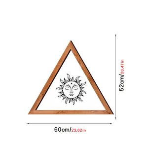 Wooden triangular wall art frame with mystical sun line art design and size specs detail.