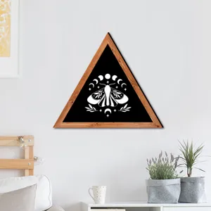 Nordic wooden triangle wall art with moon moth and celestial pattern for living room decor.