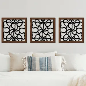 Wood hollow wall art set bedroom decor detail, beautiful framed floral hanging panel design.