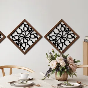 Detailed view of wooden hollow wall decor hanging in a stylish dining room setting.