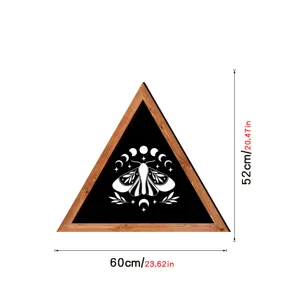 Triangle wooden wall art decor with mystical moon phase and moth design for home room.