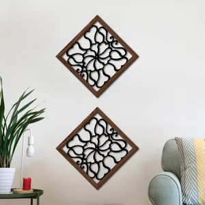 Wooden hollow wall art decor detail view, diamond shaped wood grain mural for home.
