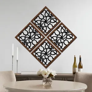 Wooden hollow carved wall decor detail scene showing four diamond frames mounted together.