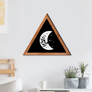 Detail view of Nordic wooden triangular framed wall art with crescent moon botanical design.
