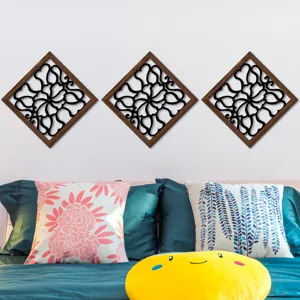 Wooden hollow wall decor set of three diamond floral hanging mural for bedroom living room home