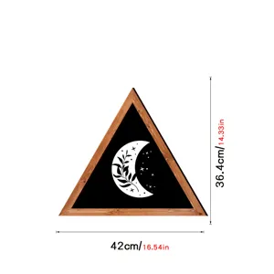 Nordic wooden triangular wall art decor with black moon botanical print and clear size specs.