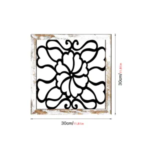 Wooden wall art plaque with black and white floral design, 30x30cm rustic home decor.