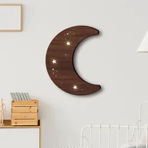 Luna di legno lampada da parete LED luce notturna, decorazione parete cameretta stella.