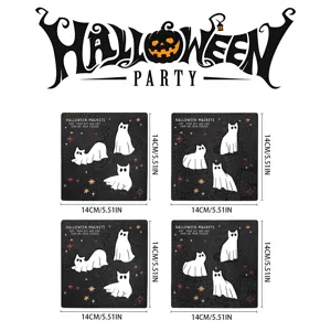 Detail view of the Halloween wooden magnetic fridge sticker featuring cute ghost cat designs.
