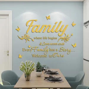 Gold acrylic mirror wall sticker with family quote and butterfly design for home decor.