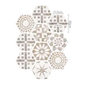 Vista detallada de pegatinas de azulejos hexagonales que muestran dimensiones y patrones geométricos.