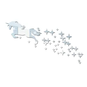 Acrylic mirror unicorn wall sticker detail showing shiny reflective surface and starry trail.