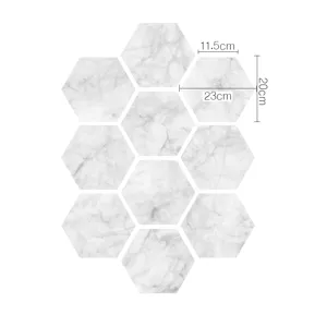 Detalle de adhesivo de azulejo de mármol hexagonal autoadhesivo impermeable para suelo.