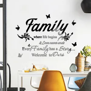 Acrylic mirror wall sticker with English family quotes and butterfly decor for living room.