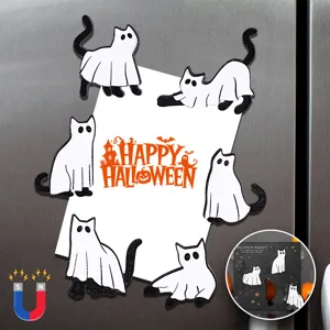 Halloween Ghost Cat Wooden Refrigerator Magnets Set Black White Funny Spooky Fridge Sticker Home Kitchen Decor