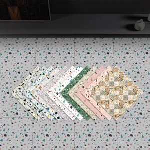 Terrazzo tile sticker detail showing various colorful marble pattern designs and textures.