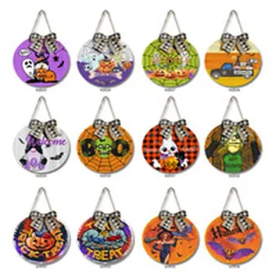 Halloween wooden hanging sign decoration set, rustic holiday door sign with plaid bow.