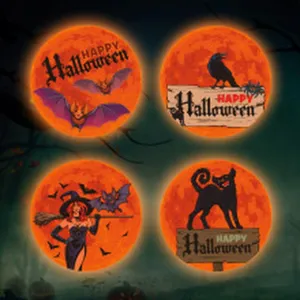 Halloween circular projection lamp stickers set featuring cute spooky witch bat and black cat designs.