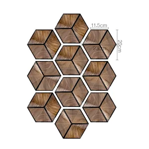 3D hexagonal wood grain self-adhesive floor tile wall sticker with clear size dimensions.