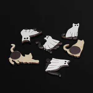 Detailed shot of wooden ghost cat fridge magnets, showcasing cute Halloween magnetic decor.