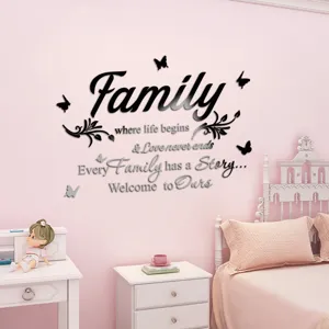 Acrylic mirror wall sticker with English quote and butterfly decor for bedroom home decor.