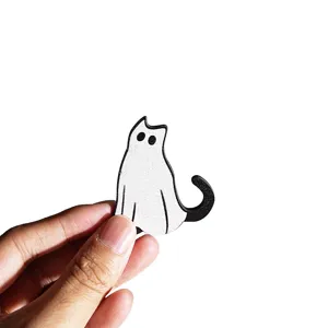 Wooden magnetic fridge sticker featuring a cute ghost cat design for Halloween kitchen decor.