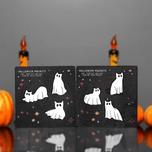 Halloween wooden magnetic fridge sticker featuring cute ghost cat designs, perfect for kitchen decor.