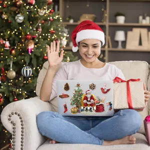 Christmas decorative stickers feature festive Santa and tree patterns for holiday laptop styling.
