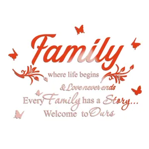 Acrylic mirror wall sticker detail showing English family quote, red butterfly and floral motifs.