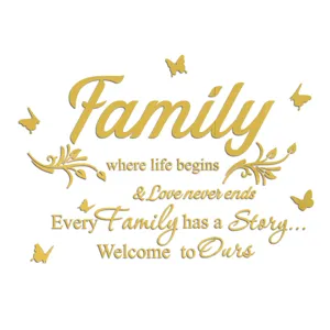 Gold acrylic mirror wall sticker with English family quotes and butterfly decor.