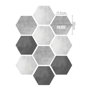 Detalle de adhesivo para azulejos hexagonales con patrón geométrico y dimensiones precisas.