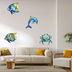 Detailed view of metal ocean animal wall art displayed in a modern living room setting.